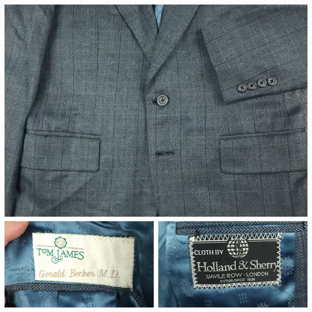 Tom James Holland Sherry Sport Coat Mens 38S Vtg Wool Herringbone Overcheck Blue